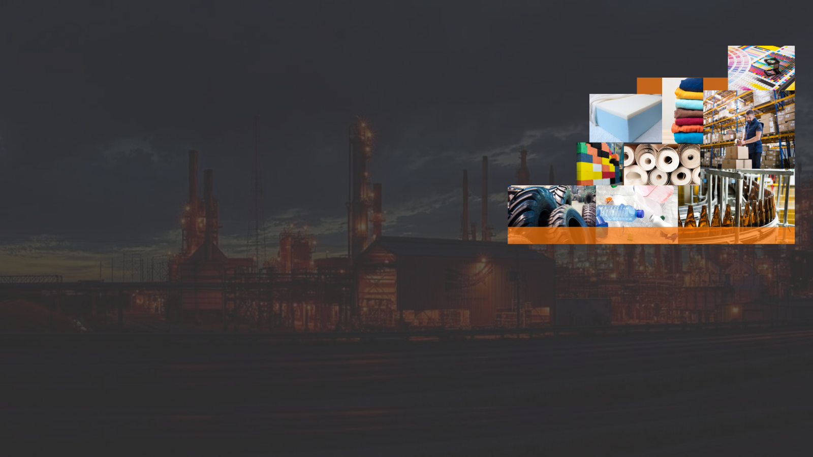 Image of a chemical manufacturing plant inlaid with images of products