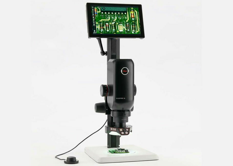Leica Emspira digital microscope on a stand with a built in display showing electronics. Proudly distributed by IDM Instruments Victoria
